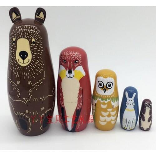 5 Layers 15cm Height Wooden Russia Matryoshka Dolls Brown Bear Fox Rabbit Photos Children Birthday Gift
