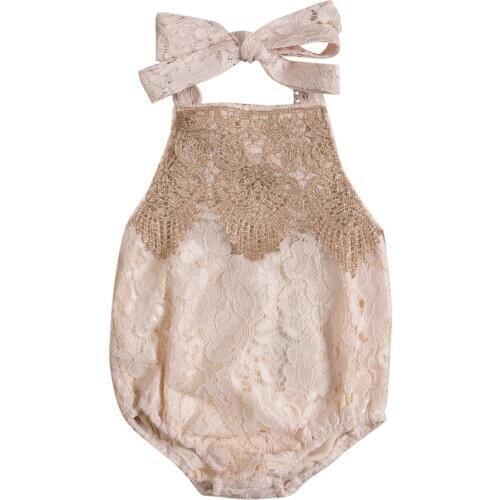 Newborn Toddler Infant Baby Girl Halter Bandage Bodysuit Summer Kids Lace Flower Solid Clothes