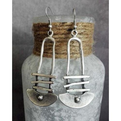Gypsy Tribe Antique Silver Abstract Earrings Long Boho Jewelry for Women Bohemian Statement Large Dangle Earrings Geometry ISJ34