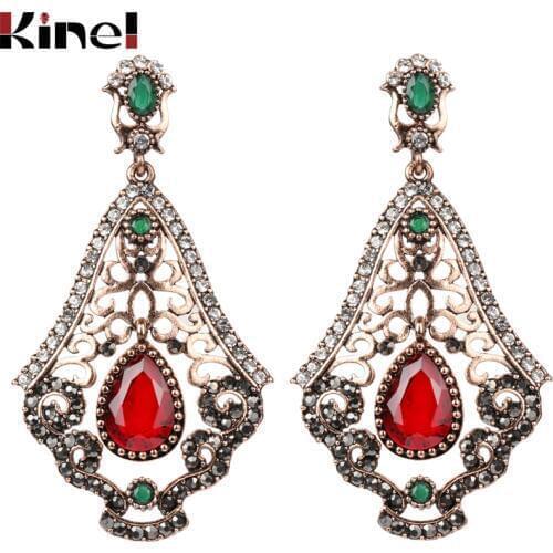 Kinel 2017 New Big Drop Earrings For Women Vintage Look Red Crystal Wedding Party Earrings Bohemian Jewelry Wholesale