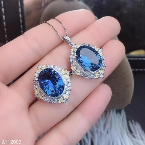 KJJEAXCMY Fine Jewelry 925 sterling silver inlaid natural blue topaz female ring pendant set fashion Support detection