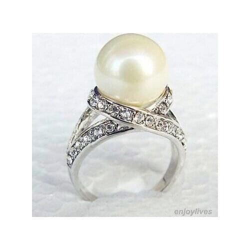 White South Sea Shell Pearl White Crystal Ring US size 6 7 8 9# Girl WOMEN Quartz ringe hook