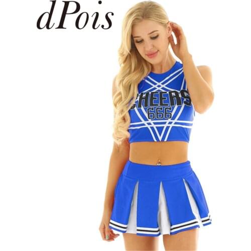 2Pcs Women Cheers 666 Printed Cheerleading Uniforms Sleeveless Pentagram Back Crop Top Mini Pleated Skirt Set Dress Up Costume