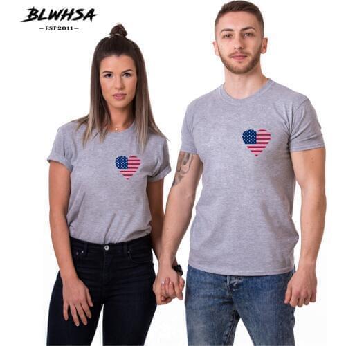 BLWHSA Summer Couple T Shirts For Women American Flag Love Printing Tee Cool Short Sleeve Men USA Flag Couple T Shirt For Loves