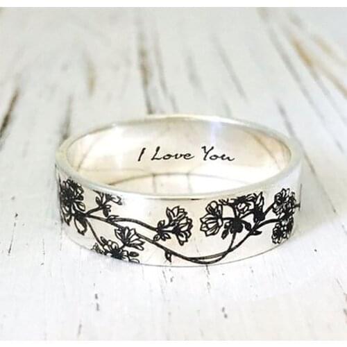 Milangirl 3 Mixed Styles Silver Color Engraved Black Flower English Words Female Ring for Women Party Jewelry Accessories