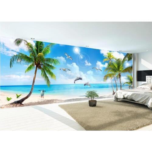 WDBH custom mural 3d photo wallpaper Hawaiian Seascape Coconut Beach Dolphin Bay decor living room wallpaper for walls 3 d