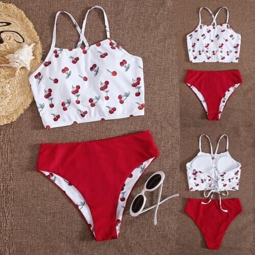 New With chest pad Womens Cherry-Printed Push-Up Padded Bra Beach Bikini Set Swimsuit Beachweart maillot de bain fille sweet F4