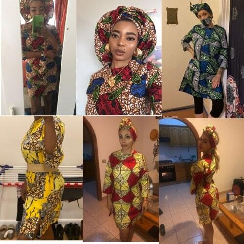 Richkeda Store New 2021 African Print Dress Outfit For Women Dashiki Top Shirts+Headwrap+mask Headband Traditional Party Dress