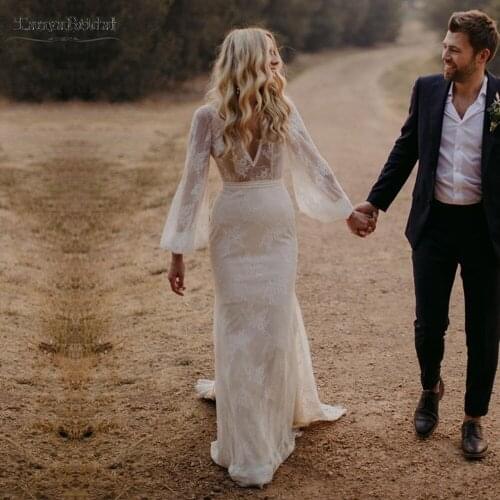 Lartern Sleeve Bohemian Wedding Dresses Mermaid V-Neck Fairy Romantic Bridal Gowns Chic Vestido de Noivas DW328