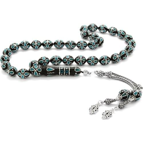 Tesbihane 925 Sterling Silver Tassels Silver-Turquoise Embroidered Erzurum Oltu stone Rosary