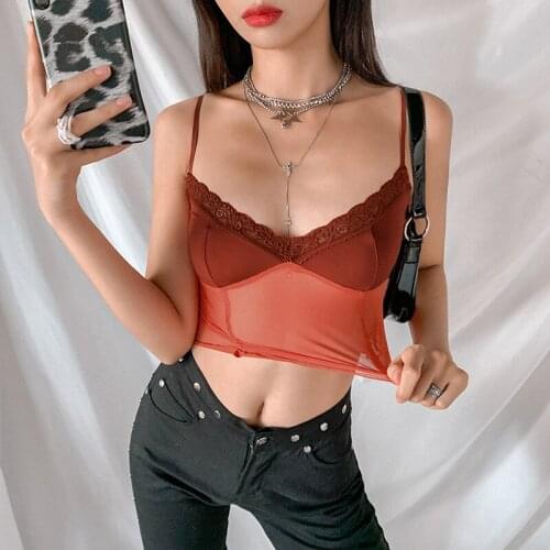 Street Vintage Woman Lace Top Sexy See-Through V Neck Crop Tops Bodycon Sleeveless Club Soft Mesh Tank Top Female
