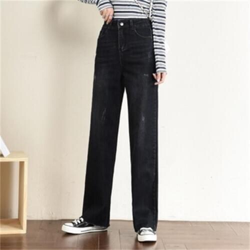 Free shipping womens 2019 autumn and winter new high waist loose jeans vertical wide leg black trousers 175cm