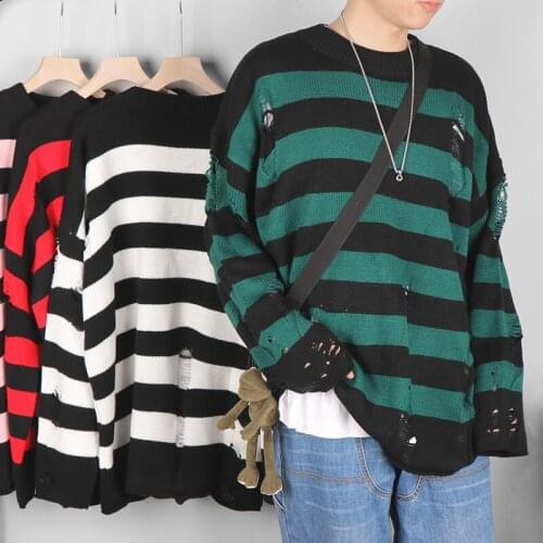 Unisex Striped Sweater Women Hole Knitted Sweaters Autumn Vintage Long Sleeved Pullover Casual O Neck Jumper Harajuku Loose Pull