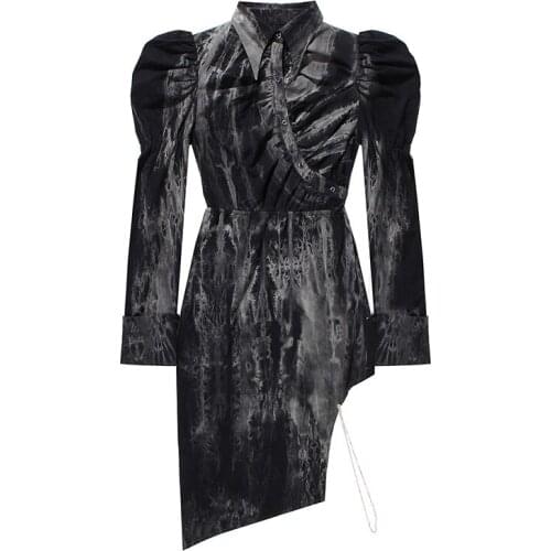 2021 Spring New Oblique Placket Irregular Ruffles Puff Sleeve Slim Fold Basic Fashion Women Dress Dresses Personality WQ845