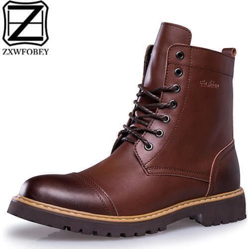 ZXWFOBEY Leather Ankle Boots Punk Winter Boots For Men High Warm Rubber Mens Winter Shoes Fur Soldier Man Boots