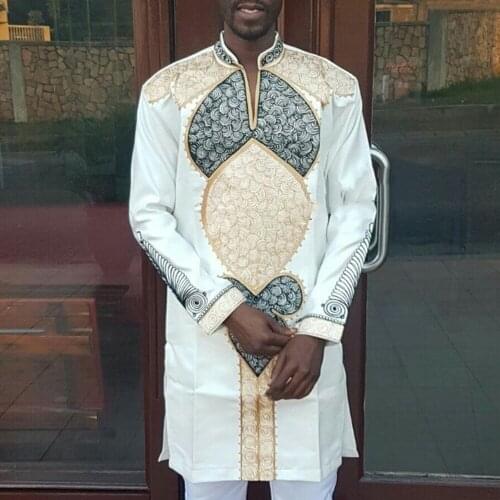 Africa Man Rich Bazin Long Sleeve Top Casual Plus Size White Shirt Floral Print Dashiki African Dresses For Men Vintage Shirts