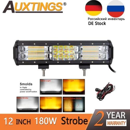 Auxtings 12inch 180w 12'' Tri rows Strobe Flash LED light bar 7D 5 models Dual Color White Yellow offroad 4x4 car light 12V 24V