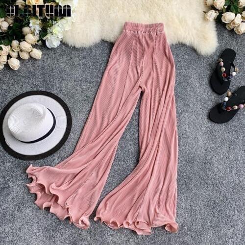 Retro Wide Leg Pants Women Casual 2020 Summer Elastic Waist Solid Loose Pants High Waist Flare Pants Trousers Female