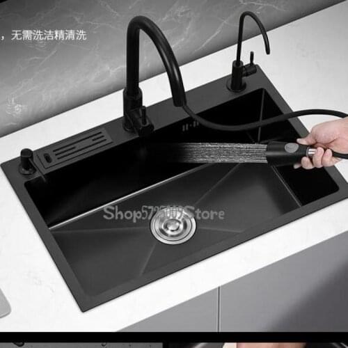 Black Nano-sink Single Tank With Knife Holder, Household Kitchen Sink, Large 304 Stainless Steel Manual Sink