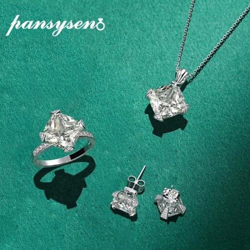 PANSYSEN Top Quality 100% Solid Silver 925 Jewelry Sets Wedding Created Moissanite Diamond Gemstone Necklace Earrings Ring Set