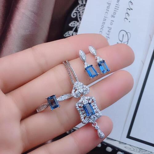 Natural blue topaz ring Pendant Earrings Natural Gemstone Jewelry Set S925 Silver Restoring square Women party gift jewelry