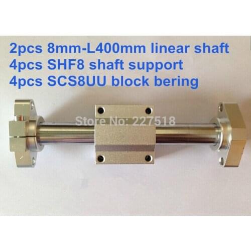 2pcs 8mm - 400mm Linear Round shaft + 4pcs SHF8 shaft support + 4pcs SCS8UU block bearing
