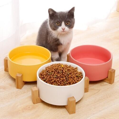 Cute Ceramic Pet Bowl Cat Puppy Feeding Supplies Double Bowls Dog Food Water Feeder With Wooden Shelf Neck Protection Cat Bowl