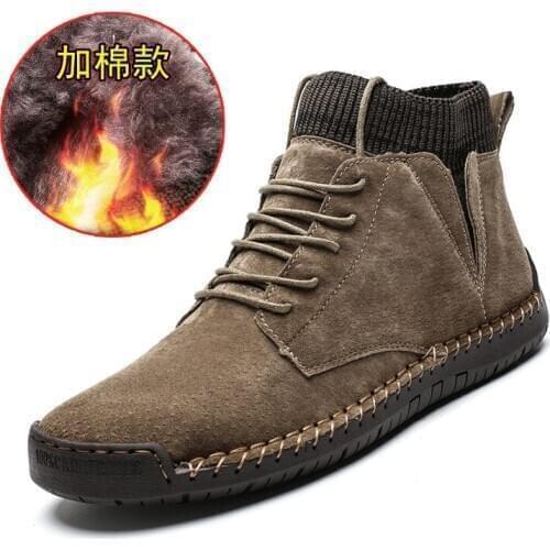 Men Leather Boots Winter Warm Snow Boots High Quality Cow Suede Fur Mens Shoes Plush Fashion Man Rubber Ankle Boots Size 38-48