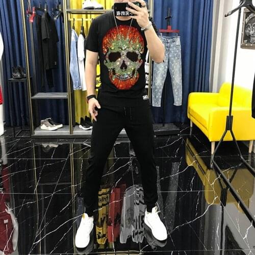 Mens Sets Casual Personality Skull Hip Hop Breathable Design T-Shirt Youth Tracksuit Brand Pure Cotton 100% Short Sleeve