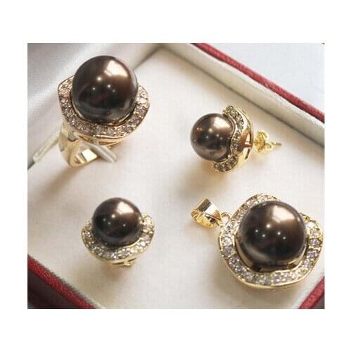 Jewelry Set hook>Beautiful 12-14mm Chocolate shell pearl yellow gold jewelery set AAA style Fine Noble