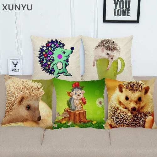 XUNYU Linen Pillowcase Sofa Decorative Pillow Cover Cute Hedgehog Pattern Square Cushion Cover 45X45cm BZ228