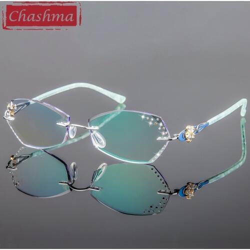 Chashma Luxury Tint Lenses Myopia Glasses Reading Glasses Diamond Cutting Rimless Titanium Glasses Frame for Women