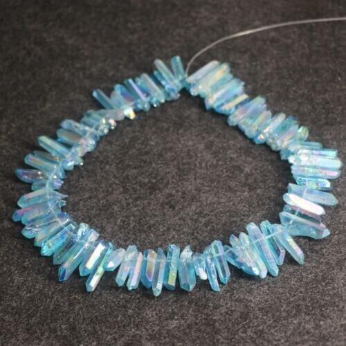 Natural Blue AB Gem Stone Necklace Pendant, Crystal Quartz Bullet Hexagonal Point Pendulum Column Reiki Healing Chakra Jewelry