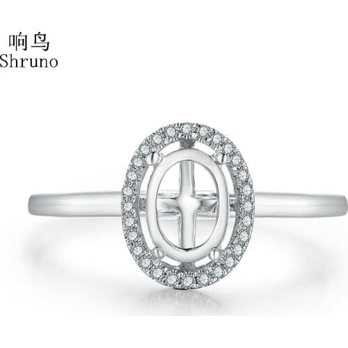 Shruno Oval 8x6mm Solid 18K White AU750 Gold Pave Natural Diamonds Semi Mount Engagement Ring Fine Jewelry Women Best Gift