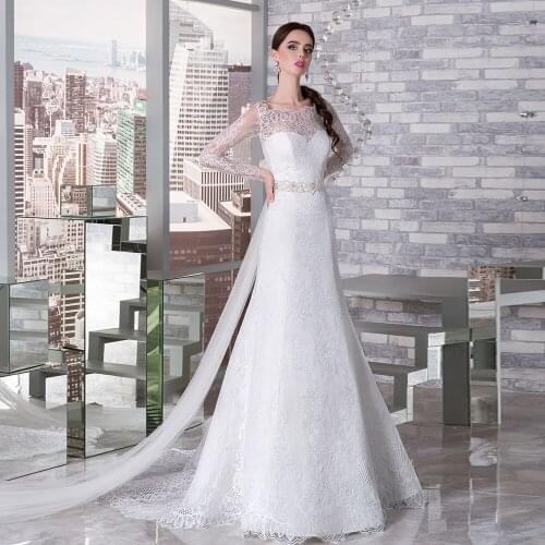 Custom Made Beading Crystal Lace Mermaid Wedding Dresses With Long Sleeve Detachable Shawl Bow Vestido De Novia Sirena