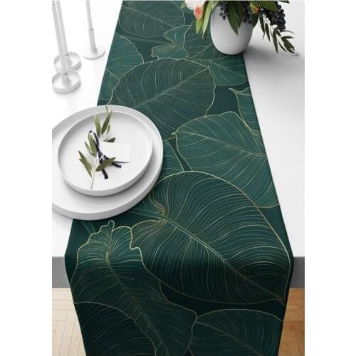 Runner Dark Green And Gold Leaf Decorated Suede Woven 140*40 Cm