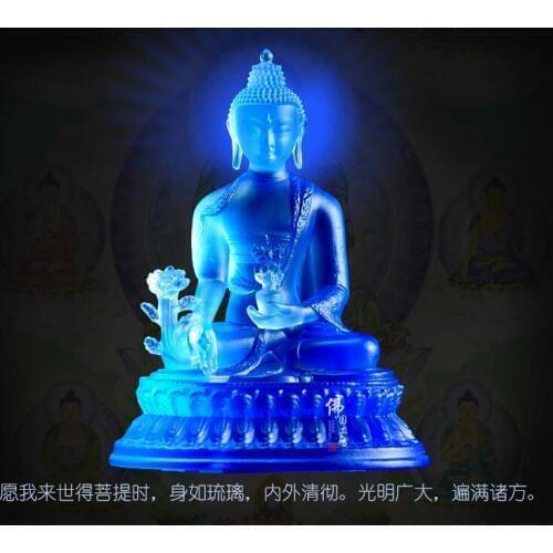 High grade colored glaze Buddha # 18CM # HOME House efficacious Talisman # Buddhism glaze Pharmacist Tathagata buddha statue