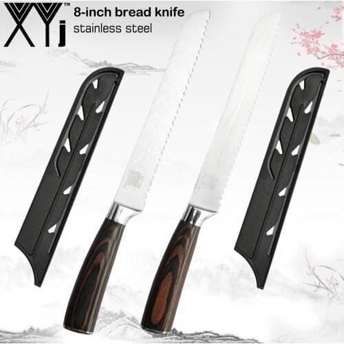 XYj 8 Inch Stainless Steel Pattern Blade Ktichen Bread Knife Cooking Tool Toast Cutting Knife Baking Accessory With Blade Cover