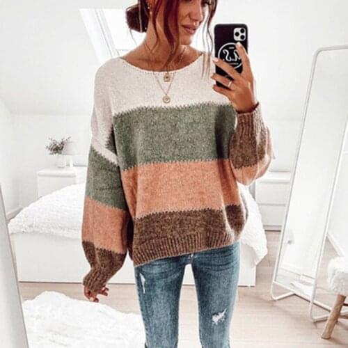 Ladies knitting Pullover Sweater Long Sleeve V-neck Knitted Sweater Casual Striped Pullover Jumpers 2021 New Female Autumn Top