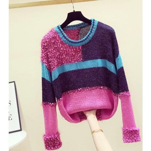 Shine Patchwork Knitted Women Sweater Pullovers Fashion Design Loose Lady Elegant Pulls Outwear Tops