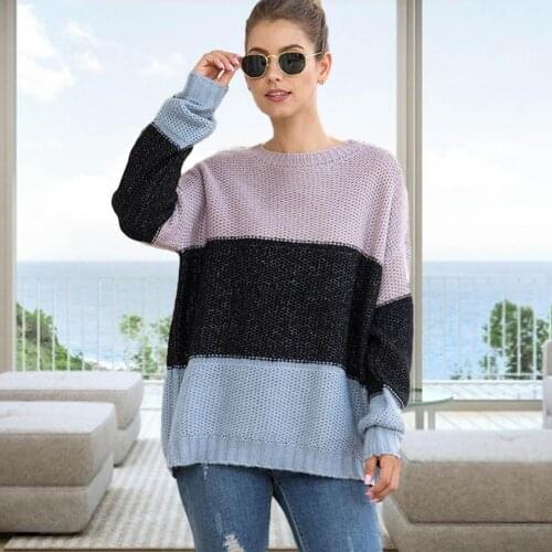 Women Striped Knitted Sweater Casual Pullover Knit Jumper Autumn and winter new three-color stitching sweater, striped pullover
