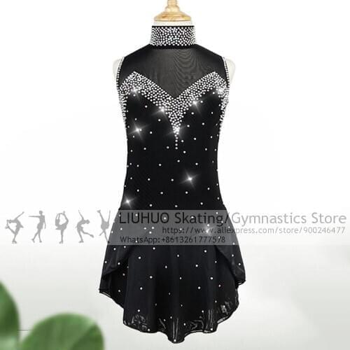Ice Skating Dress Women girls Black Competition latin Sleeveless Leotards Teens Skating dress female dancewear Performance dress