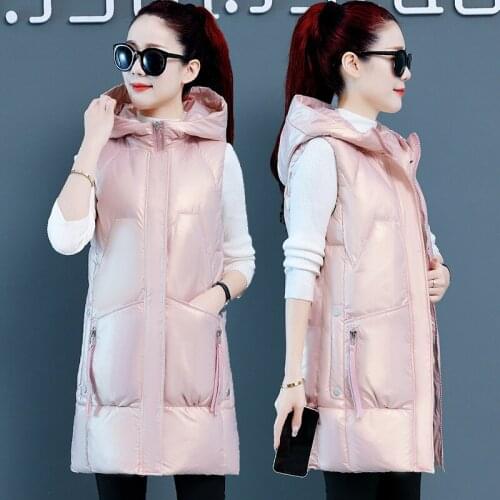 Women Autumn Winter Mid-long Waistcoat Vest 2021 New Casual Shiny fabric Solid Sleeveless Hooded Thick Warm padded Vest
