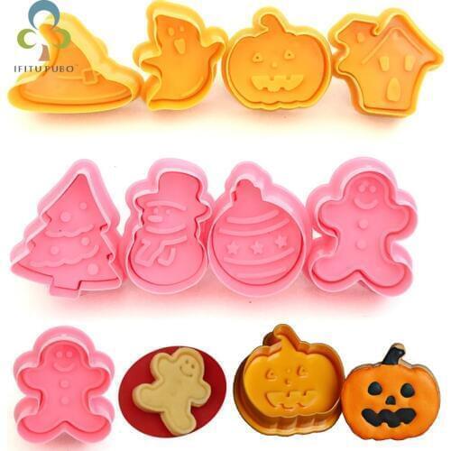 4Pcs/set Plastic Christmas Christmas Tree Halloween Pumpkin Ghost Theme Cookie Cutter Plunger Fondant Chocolate Mold RQX