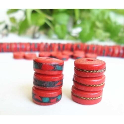 50PCS 12mm Tibetan Red Yak Bone Prayer Beads inlay Stone Metal Silks Coin Beads Accessories for DIY TSB0248
