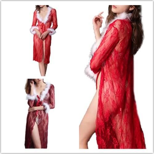 AA Women Christmas Sexy Long Nightgown, Long Sleeve See-through Lace and Plush Open Front One-piece, Red/ Fuchsia