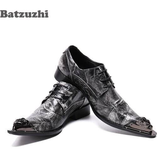 Batzuzhi Fashion Mens Shoes Pointed Toe Metal Tip Leather Dress Shoes Lace-up Sapato Masculino Business Party Men Leather Shoes