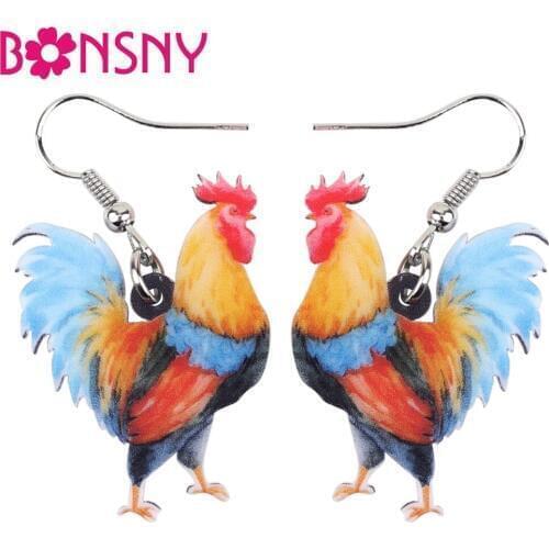 Bonsny Acrylic Cartoon Lovely Chicken Rooster Earrings Big Long Dangle Drop Farm Animal Jewelry For Girl Women Ladies Teens Gift