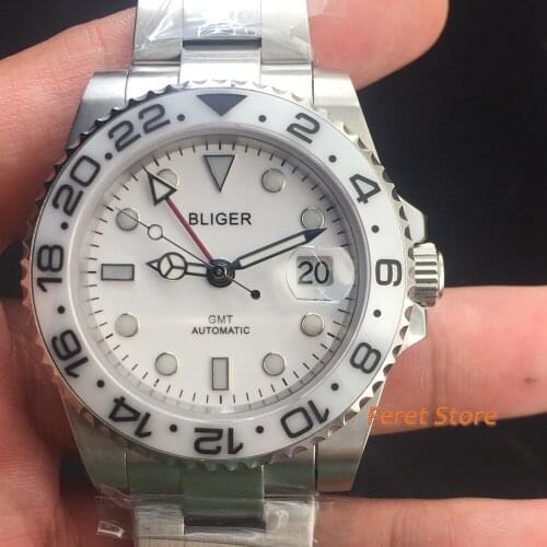 BLIGER Red GMT Self Winding Watch MINGZHU 3804 Date Magnifier Sapphire Crystal White bezel 40mm Automatic Mens Watch