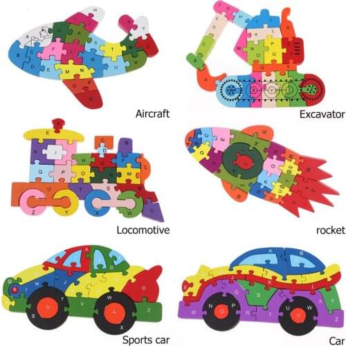 Wooden Colorful Alphabet 3D Car Vehicel Model Jigsaw Puzzles Toy Kids Educational Toys for Children Gifts